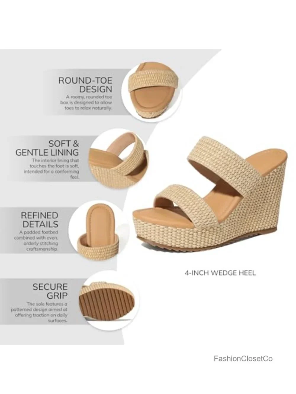Wedge Sandals with Raffia, Espadrille Heels, Cushioned Insole, Slip-On